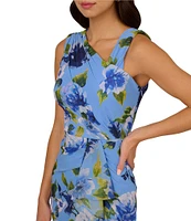Adrianna Papell Floral Print Chiffon Asymmetrical Neck Sleeveless Front Ruffle Twist Column Dress