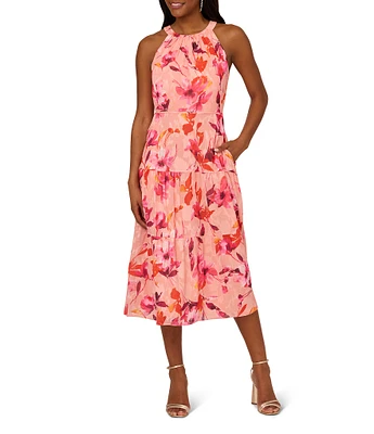 Adrianna Papell Floral Print Chiffon Halter Neck Sleeveless Shirred Tiered Dress