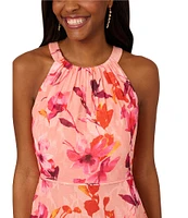 Adrianna Papell Floral Print Chiffon Halter Neck Sleeveless Shirred Tiered Dress