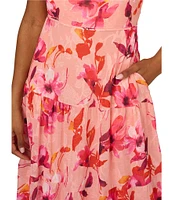 Adrianna Papell Floral Print Chiffon Halter Neck Sleeveless Shirred Tiered Dress