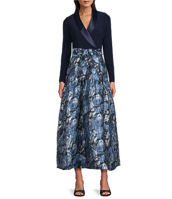 Adrianna Papell Floral Print Long Sleeve V-Neck Jersey Jacquard Tuxedo Dress