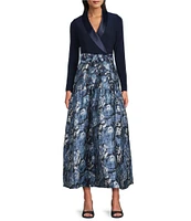 Adrianna Papell Floral Print Long Sleeve V-Neck Jersey Jacquard Tuxedo Dress