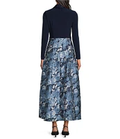 Adrianna Papell Floral Print Long Sleeve V-Neck Jersey Jacquard Tuxedo Dress