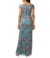 Adrianna Papell Floral Print Off-The-Shoulder Cap Sleeve Ruched Sheath Gown