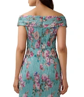 Adrianna Papell Floral Print Off-The-Shoulder Cap Sleeve Ruched Sheath Gown