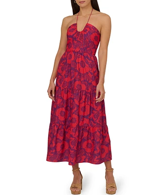 Adrianna by Adrianna Papell Floral Print Scoop Halter Neck Sleeveless Tiered Tie Back Midi Dress