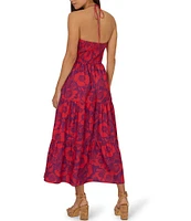 Adrianna by Adrianna Papell Floral Print Scoop Halter Neck Sleeveless Tiered Tie Back Midi Dress