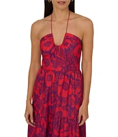 Adrianna by Adrianna Papell Floral Print Scoop Halter Neck Sleeveless Tiered Tie Back Midi Dress