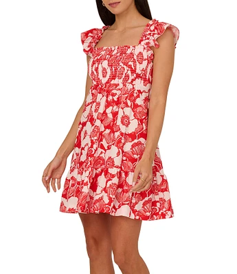 Adrianna by Adrianna Papell Floral Print Square Neck Flutter Sleeve Smocked Mini Dress