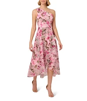 Adrianna Papell Floral Printed Organza One Shoulder Sleeveless Ruffle Front Hi-Lo Dress