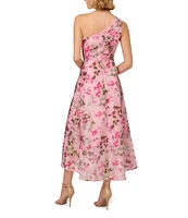 Adrianna Papell Floral Printed Organza One Shoulder Sleeveless Ruffle Front Hi-Lo Dress