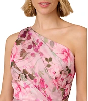 Adrianna Papell Floral Printed Organza One Shoulder Sleeveless Ruffle Front Hi-Lo Dress