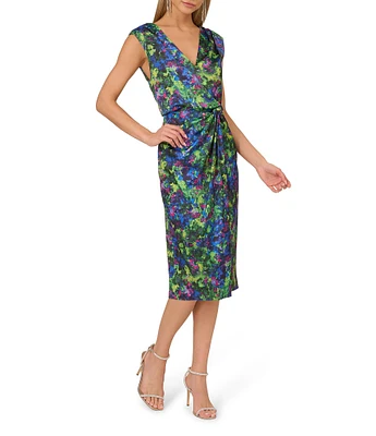 Adrianna Papell Floral Satin V-Neck Sleeveless Faux Wrap Midi Dress