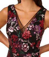 Adrianna Papell Floral Sequin V-Neck Sleeveless Fit & Flare Dress