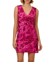 Adrianna Papell Floral Sequin V Neck Sleeveless Sheath Mini Dress