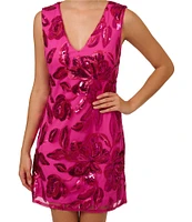 Adrianna Papell Floral Sequin V Neck Sleeveless Sheath Mini Dress