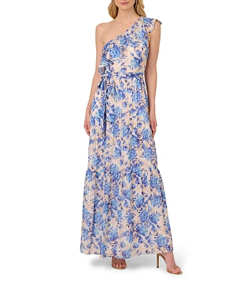 Adrianna Papell Floral Stripe Satin One Shoulder Ruffle Trim Belted A-Line Dress