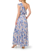 Adrianna Papell Floral Stripe Satin One Shoulder Ruffle Trim Belted A-Line Dress