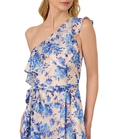 Adrianna Papell Floral Stripe Satin One Shoulder Ruffle Trim Belted A-Line Dress