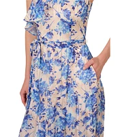 Adrianna Papell Floral Stripe Satin One Shoulder Ruffle Trim Belted A-Line Dress
