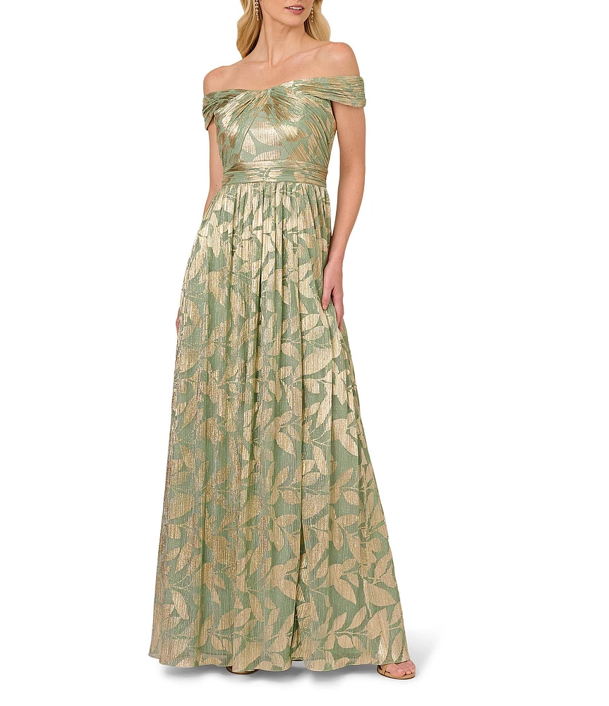 Adrianna Papell Foiled Knit Leaf Print Off-The-Shoulder Neck Sleeveless A-Line Gown