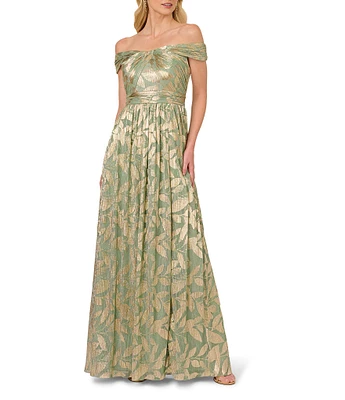 Adrianna Papell Foiled Knit Leaf Print Off-The-Shoulder Neck Sleeveless A-Line Gown