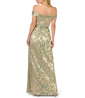 Adrianna Papell Foiled Knit Leaf Print Off-The-Shoulder Neck Sleeveless A-Line Gown