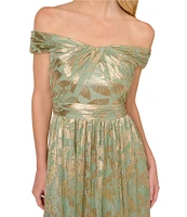 Adrianna Papell Foiled Knit Leaf Print Off-The-Shoulder Neck Sleeveless A-Line Gown