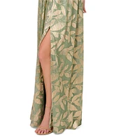 Adrianna Papell Foiled Knit Leaf Print Off-The-Shoulder Neck Sleeveless A-Line Gown