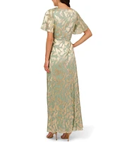 Adrianna Papell Foiled Leaf Print Surplice V-Neck Short Flutter Sleeve Gown