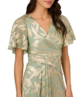 Adrianna Papell Foiled Leaf Print Surplice V-Neck Short Flutter Sleeve Gown