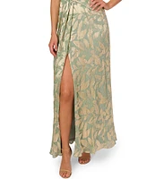 Adrianna Papell Foiled Leaf Print Surplice V-Neck Short Flutter Sleeve Gown