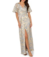Adrianna Papell Foiled Leaf Print Surplice V-Neck Short Flutter Sleeve Gown
