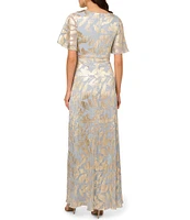 Adrianna Papell Foiled Leaf Print Surplice V-Neck Short Flutter Sleeve Gown