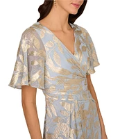 Adrianna Papell Foiled Leaf Print Surplice V-Neck Short Flutter Sleeve Gown