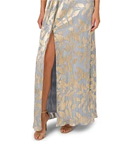 Adrianna Papell Foiled Leaf Print Surplice V-Neck Short Flutter Sleeve Gown