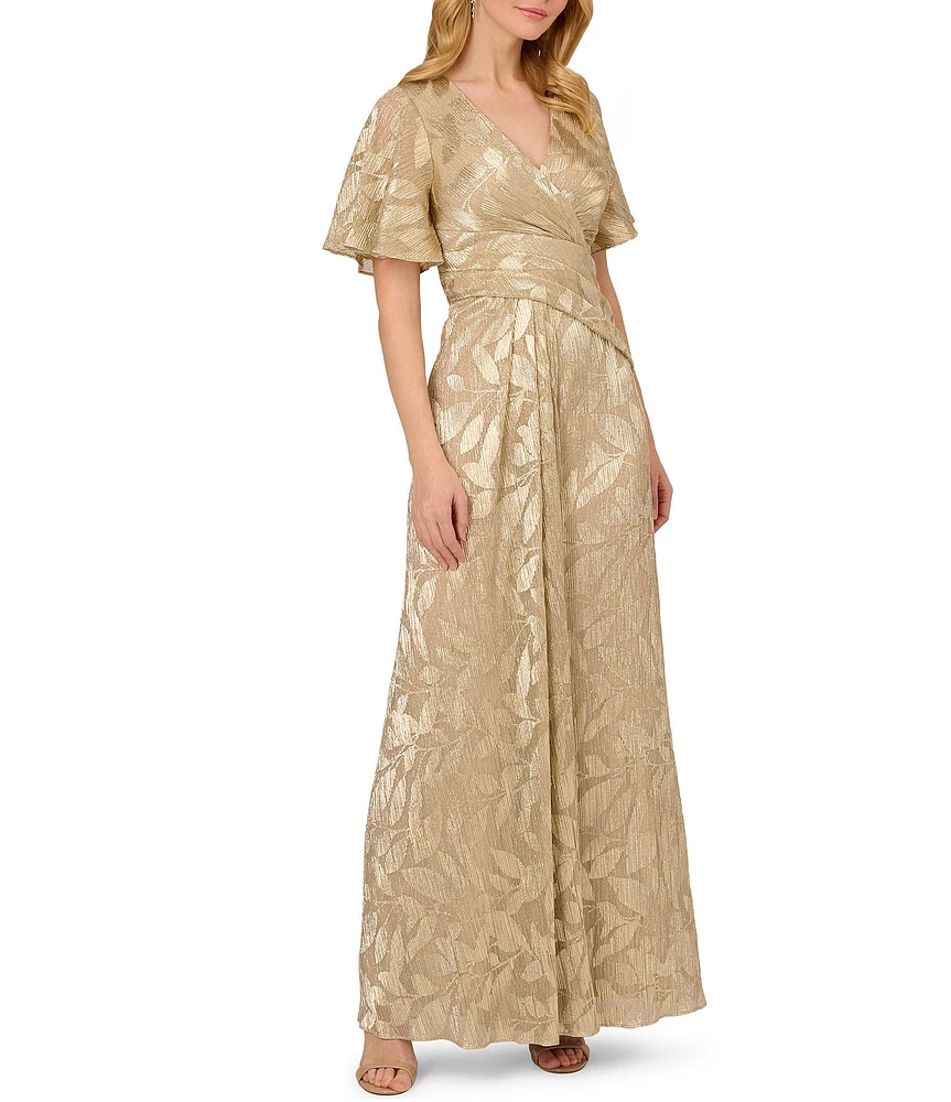 Adrianna Papell Foiled Leaf Print Surplice V-Neck Short Flutter Sleeve Gown