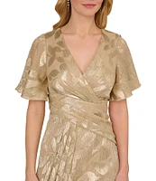 Adrianna Papell Foiled Leaf Print Surplice V-Neck Short Flutter Sleeve Gown