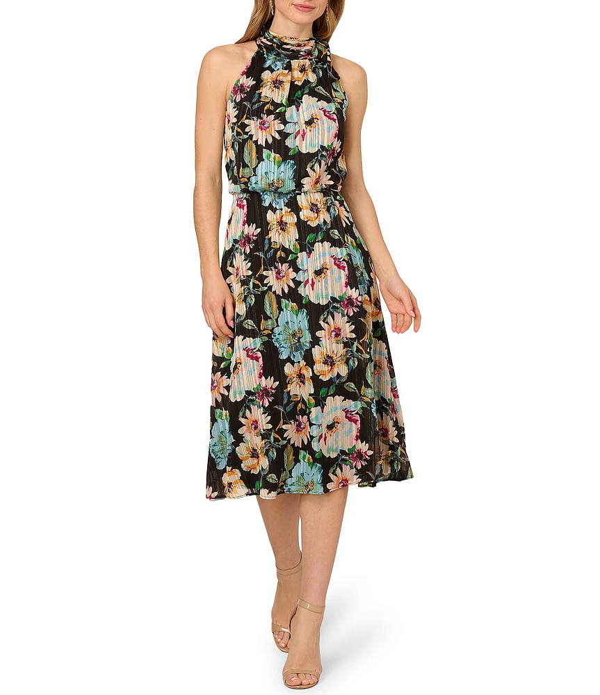 Adrianna Papell Halter Floral Print Chiffon Blouson Midi Dress