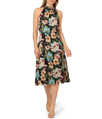 Adrianna Papell Halter Floral Print Chiffon Blouson Midi Dress