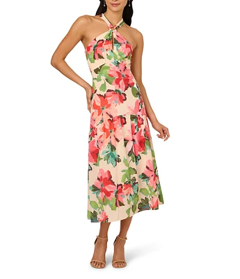 Adrianna Papell Halter Neck Sleeveless Drop Waist Floral Chiffon Midi Dress