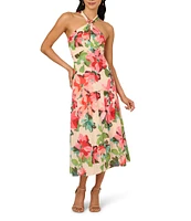Adrianna Papell Halter Neck Sleeveless Drop Waist Floral Chiffon Midi Dress