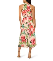 Adrianna Papell Halter Neck Sleeveless Drop Waist Floral Chiffon Midi Dress