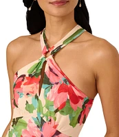 Adrianna Papell Halter Neck Sleeveless Drop Waist Floral Chiffon Midi Dress