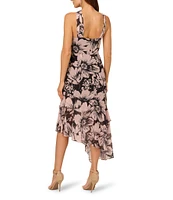 Adrianna Papell Halter Neck Sleeveless Floral Chiffon Asymmetrical Hem Midi Dress