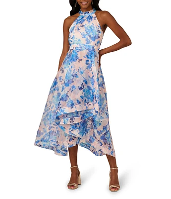 Adrianna Papell Halter Neckline Sleeveless Floral Organza Ruffle Hi Lo Midi Dress