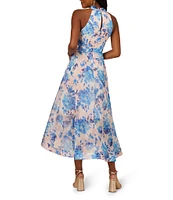 Adrianna Papell Halter Neckline Sleeveless Floral Organza Ruffle Hi Lo Midi Dress