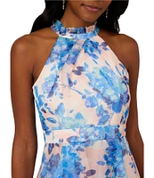 Adrianna Papell Halter Neckline Sleeveless Floral Organza Ruffle Hi Lo Midi Dress