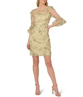 Adrianna Papell Illusion Crew Neck Bell Sleeve Floral Embroidery Sheath Dress