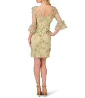 Adrianna Papell Illusion Crew Neck Bell Sleeve Floral Embroidery Sheath Dress